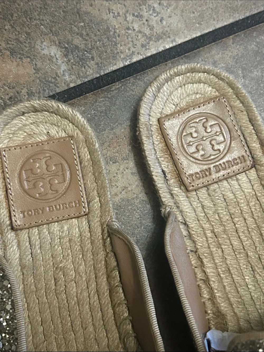 Tory Burch Champagne Glitter Slip-On Espadrille Mules size 9M - good condition